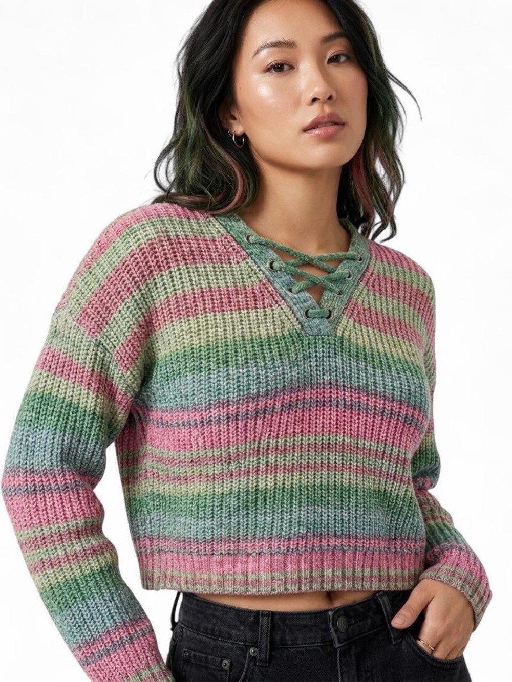 Pastel Striped Lace Up Knit Sweater M Fairy Grunge Soft Girl